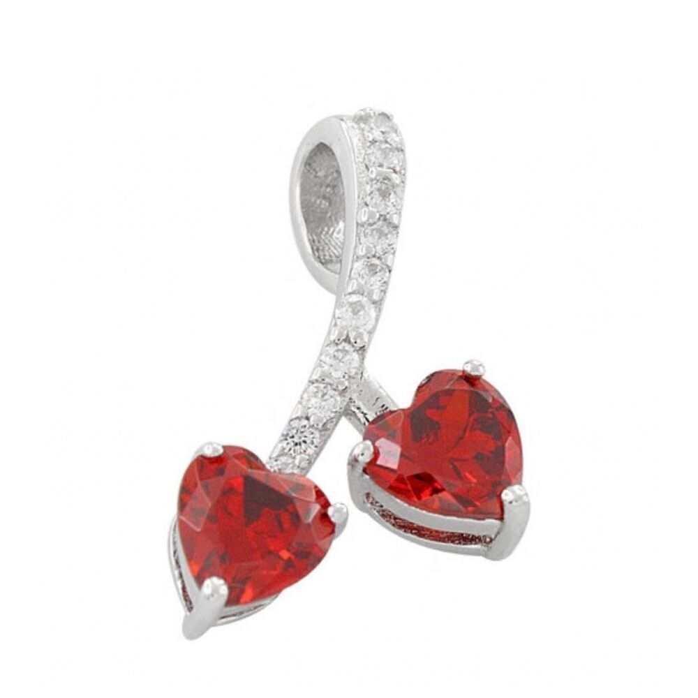 Sterling Silver Cherry Hearts Garnet CZ Necklace Pendant New